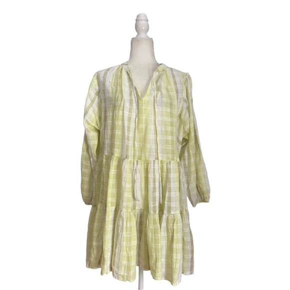 Seafolly Short V-Neck Textured Gingham Tiered Dress in Wild Lime NWT - Picture 7 of 8